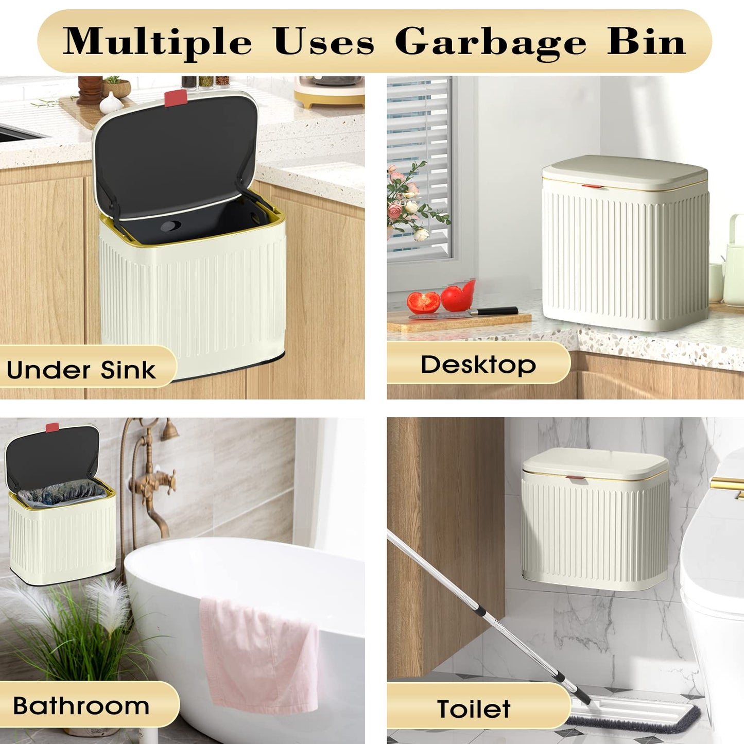 GloDeals Kitchen Trash Can with Lid, 2 in 1 Small Garbage Can Compost Bin Countertop, Wall-Mounted Under Sink Indoor Trash Bin for Kitchen, Bathroom, Cabinet Trash Can Hanging (4L, White/1.05 Gal)