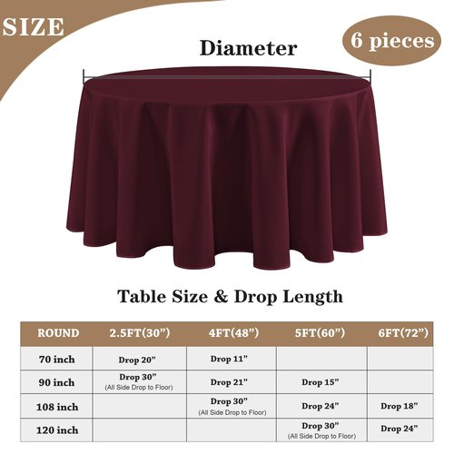 Fitable 6 Pack Burgundy Round Table Clothes - 70 Inches in Diameter - Stain Resistant and Washable Tablecloths, Polyester Fabric Table Covers for Wedding, Party, Banquet, Gathering