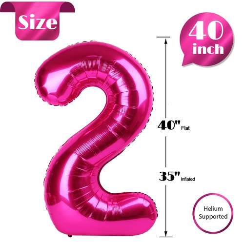 Hot Pink Number 2 Balloon 40 Inch, 2nd Birthday Decoration for Toddlers Girls Boys, Sparkling 2 Number Balloon Party Decor