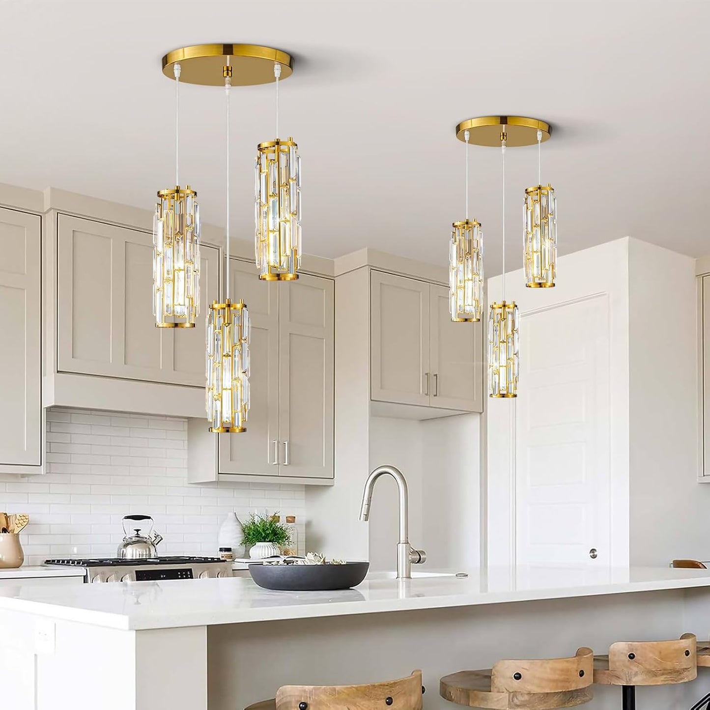 Pendant Lights Modern Pendant Lights Kitchen Island Gold Pendant Light Fixture Mini Crystal Chandelier Lighting for Kitchen Island Dinning Room Bedroom Sink (Gold 3-Light)