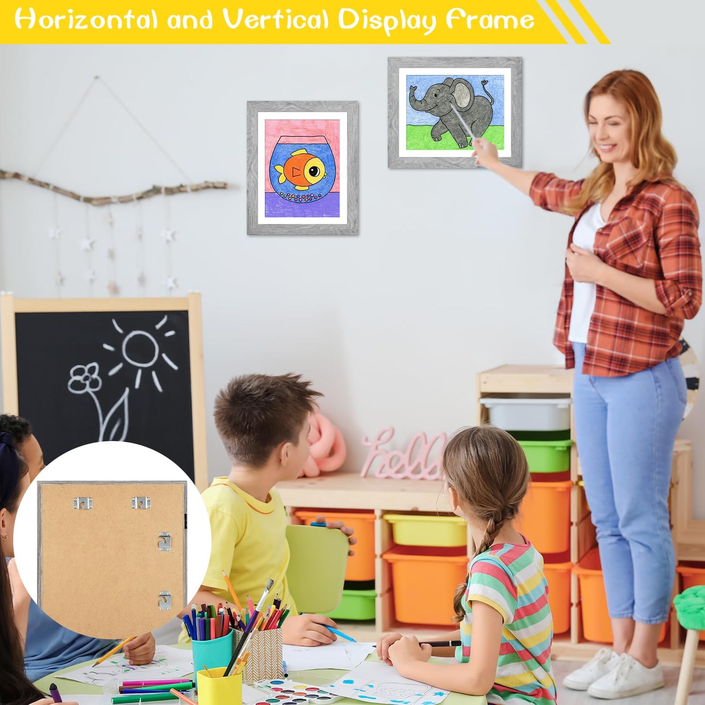 2Pack Kids Artwork Frame Gray Woodgrain, 10x12.5 Child Art Frame Without Mat Changeable Front Opening, 8.5x11 Frame With Mat, Children Storage Frame Holds Crafts, Drawing, Art Project, Schoolwork