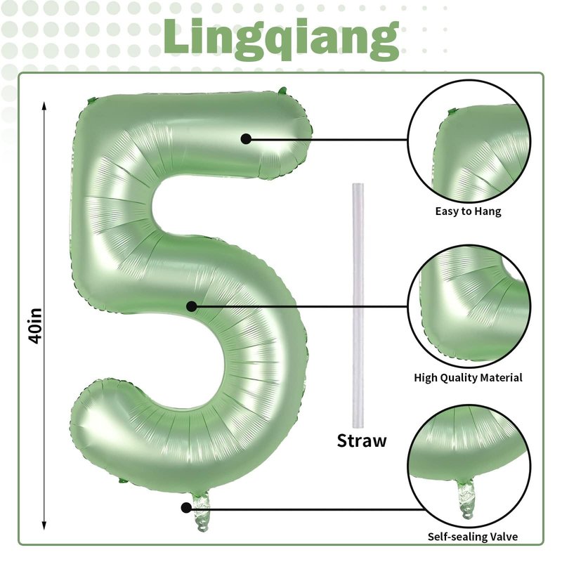 Sage Green 5 Balloons, 40" Giant Helium Foil Number 0-9 Olive Green Birthday Balloon for Boys Girls, Self Inflating Digit 5 Balloons for Women Men Anniversary Jungle Safari Party Decorations Supplies