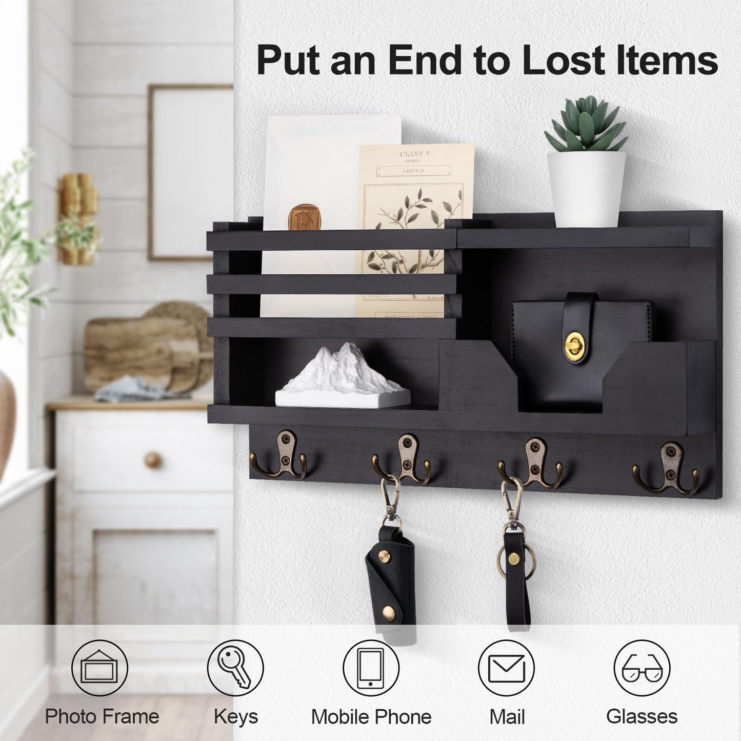 Lwenki Mail and Key Holder for Wall – Decorative 15.9” x 8.7” x 3.2” Entryway Organizer with Shelf – Paulownia Wood with 4 Dual Hooks Includes Mounting Hardware and Installation Guide