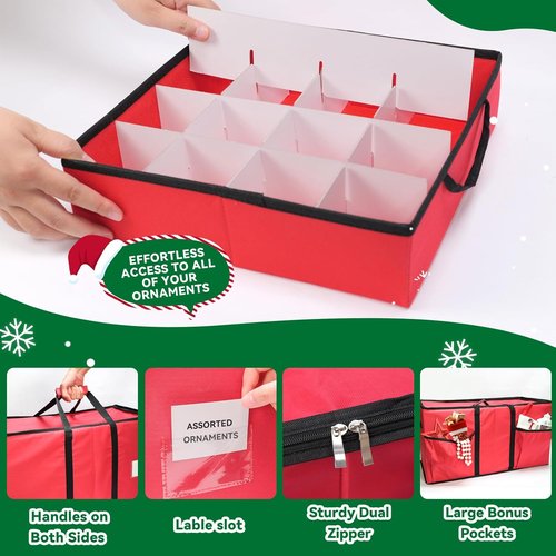 Christmas Ornament Storage Box - Durable 600D Oxford Organizer for 128 Balls | 8 Trays in Red