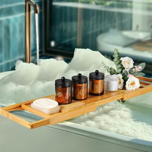 Amolliar Amber Glass Qtip Holder - Stylish Apothecary Jar with Matte Black Lid | 2-Pack Bathroom Organizer for Cotton Swabs and Floss
