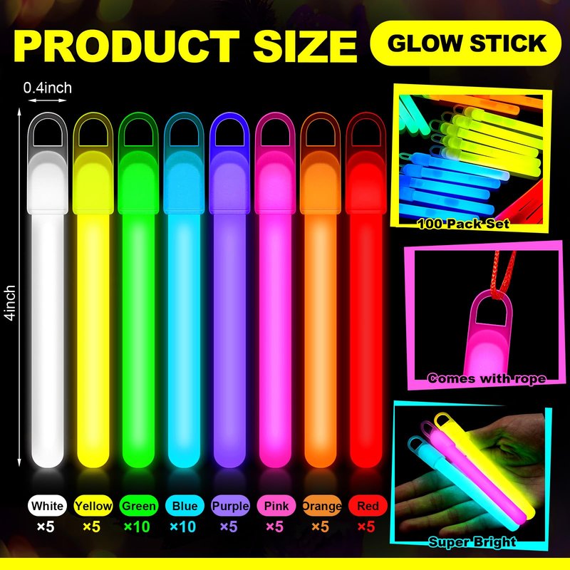 Lewtemi 50 Pack 4" or 6" Bright Glow Sticks Bulk, Glow in the Dark Party Supplies Birthday and Holidays (4 Inch,Multicolor)