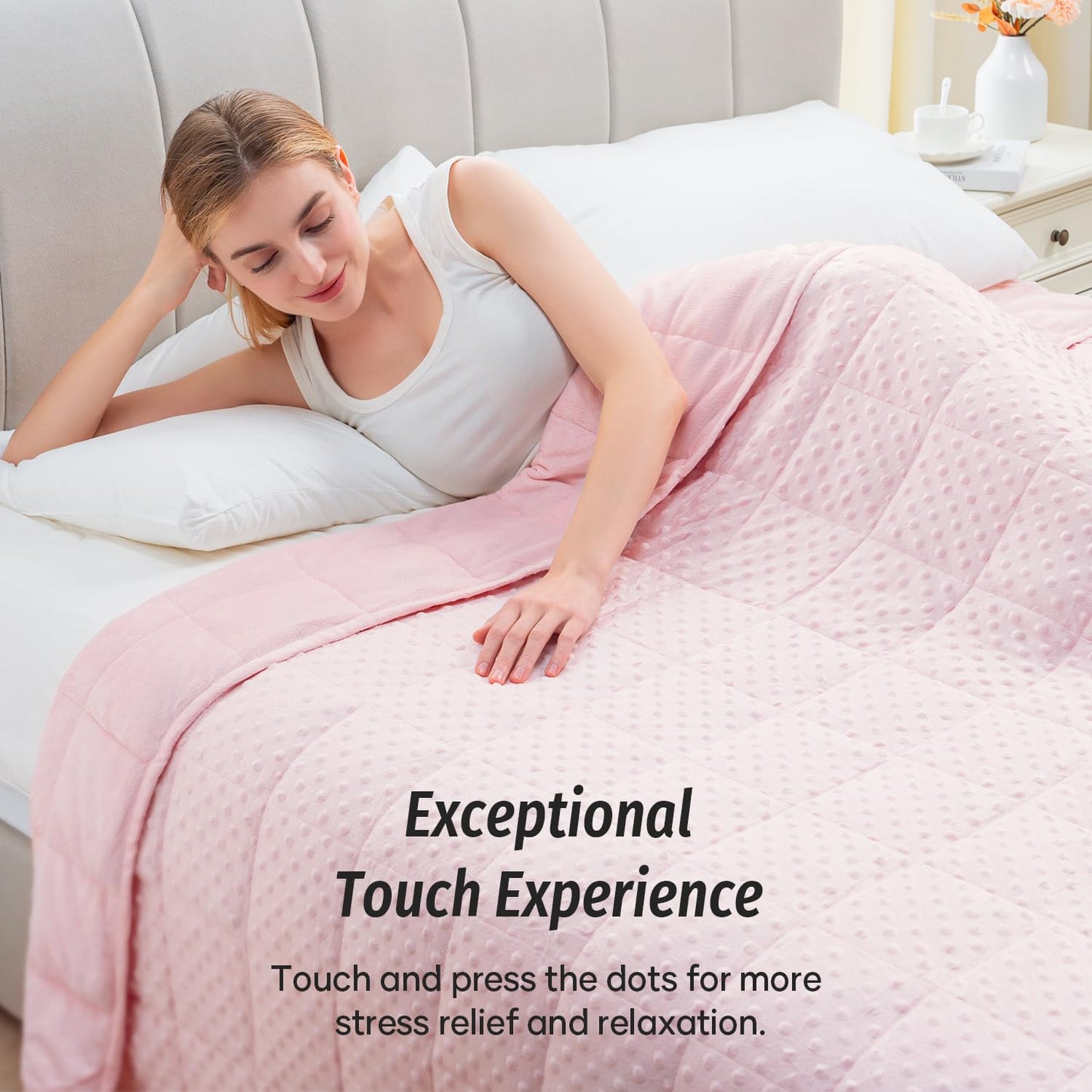 Wemore Minky Dot Weighted Blanket for Adults Twin Size 15 lbs, Soft Cozy Heavy Blanket for Stress Relief and Sleep Promotion, Breathable Blanket for All-Season with Glass Beads, Pink 48 x 72 inches