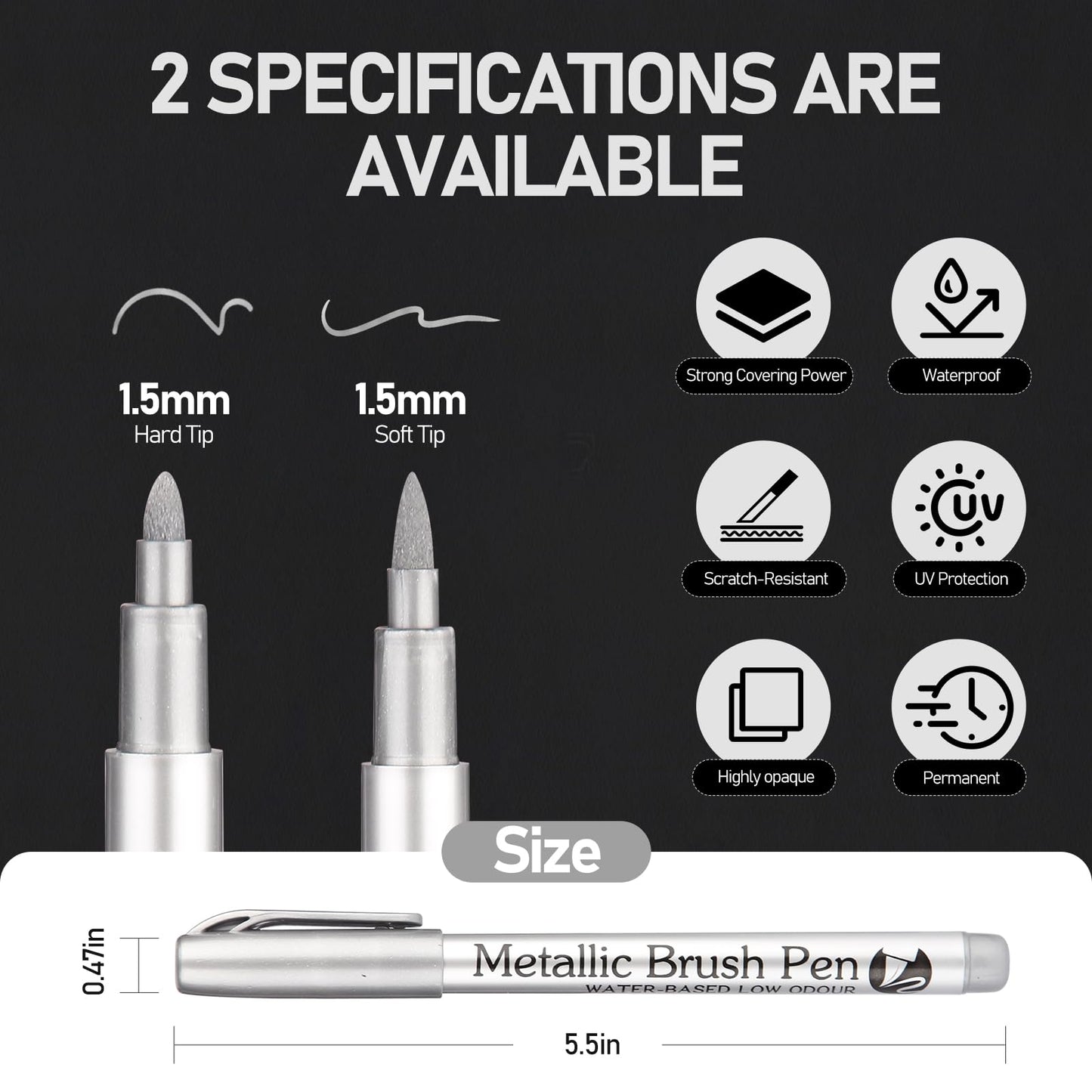 Snailmart 12Pcs Silver Paint Pens,Acrylic Silver Permanent Marker for Rock Painting, Wood, Metal, Fabric, Plastic, Canvas, Glass, Ceramic, Diy Crafts(6 Round tip + 6 Brush tip)