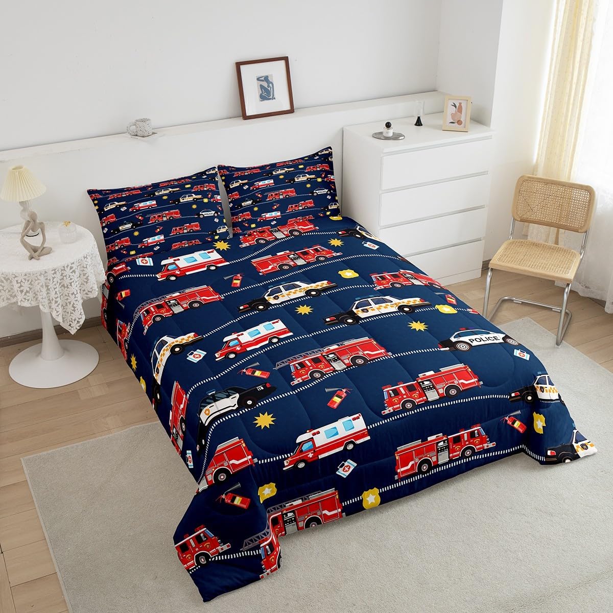 Cartoon Police Car Bedding Set Red Fire Truck Comforter Set for Kids Boys Fire Extinguisher Duvet Set Airplane Comforter 1 Comforter Set with 2 Pillowcases Full Size Boys