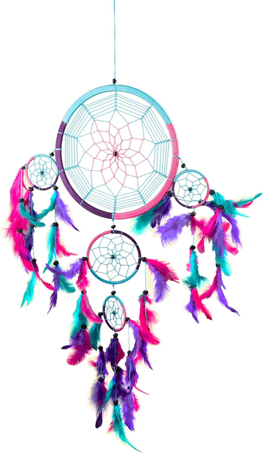 Handmade Rainbow Chakra Dream Catcher - 7" Diameter with Tie Dye Feathers & Beads
