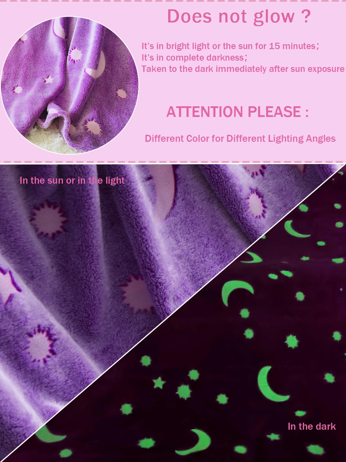 AUIVTY Glow in The Dark Blanket for Girls Birthday Purple Pink Moon Star Soft Throw Blanket for Kids Toddler Teen Girls Women (Purple, 60x80 inch, Moon Star)