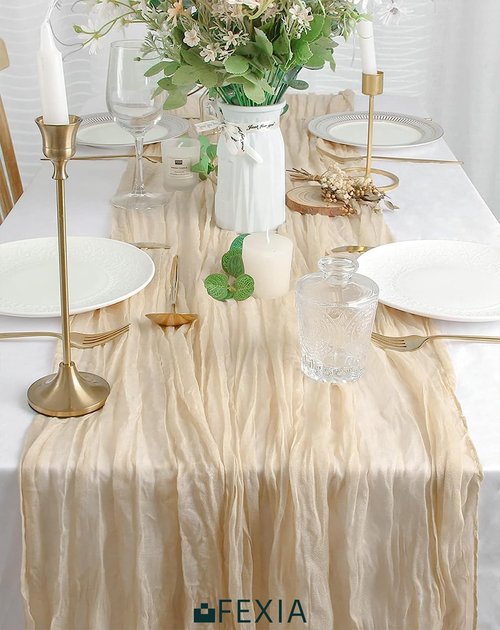 FEXIA Beige Cheesecloth Table Runner 35x120 Inches Ivory Gauze Rustic Boho Spring Easter Table Runner for Engagement Party Decorations Bridal Shower Wedding Party First Communion Centerpiece