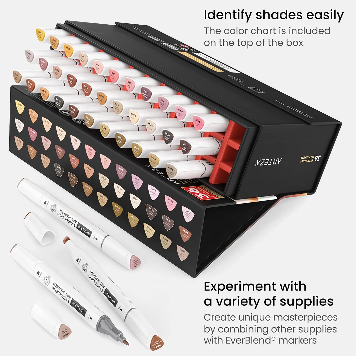 ARTEZA Alcohol Markers Set of 36 Colors Portrait & Skin Tone Dual Tip Markers with Organizer Box, Medium Chisel and Fine Nib
