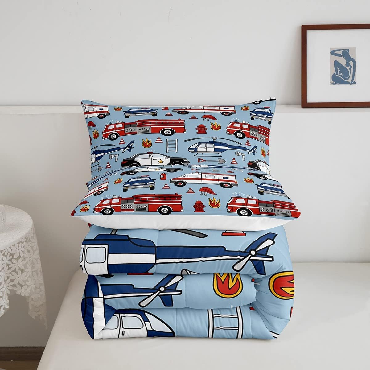 Cartoon Police Car Bedding Set Red Fire Truck Comforter Set for Kids Boys Fire Extinguisher Duvet Set Airplane Comforter 1 Comforter Set with 2 Pillowcases Full Size Boys