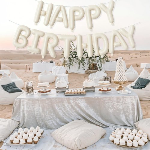 Cream Happy Birthday Balloon Banner, Neutral Beige Happy Birthday Foil Balloon, 16 Inch Ivory White Sand Born Day Bunting Banner Letter Balloons for Men Women Birth Party Decorations Supplies