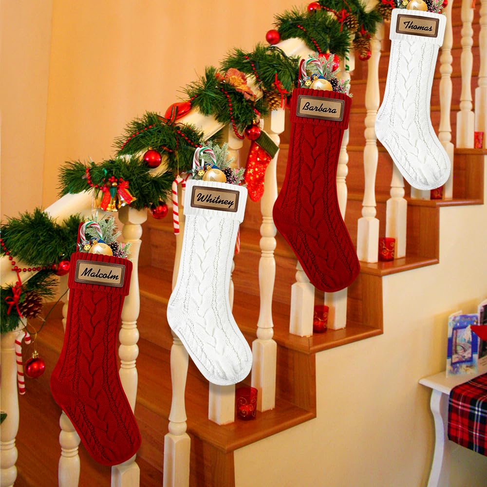 XOYTN 6 Pack Personalized Christmas Stockings, 18in Large Knitted Xmas Hanging Stocking Set Decoration with Leather Patches Custom Name for Holiday Christmas Family Decor (Red and White)