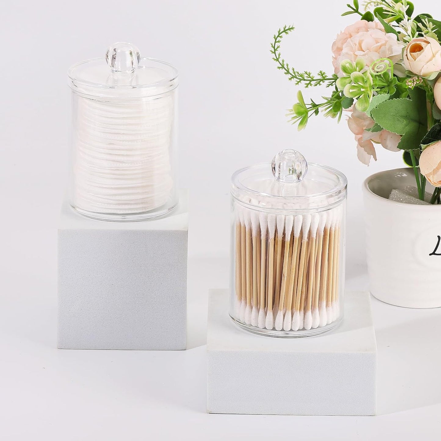 Tbestmax Qtip Holder Set - Clear Plastic Apothecary Jars for Bathroom Organization | 4 Pack