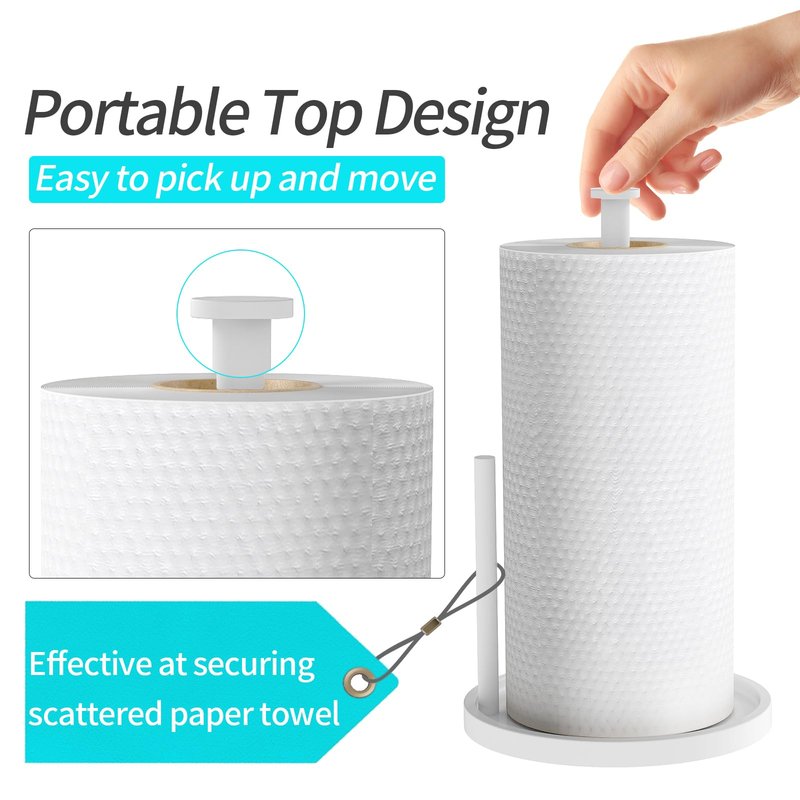 Paper Towel Holder Countertop, Standing Paper Roll Holder with Anti Slip Weighted Base, Stainless Steel Freestanding Paper Towel Holder for Kitchen, White