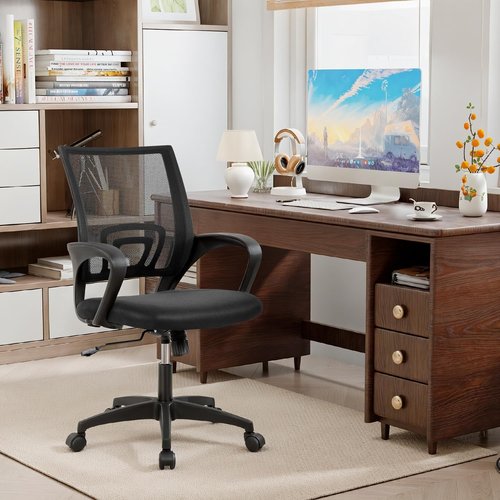 BestOffice Ergonomic Office Chair - Mid-Back Swivel Desk Chair with Breathable Backrest & Lumbar Support | Adjustable Height & Rolling Wheels | Dark Black for Adults & Women