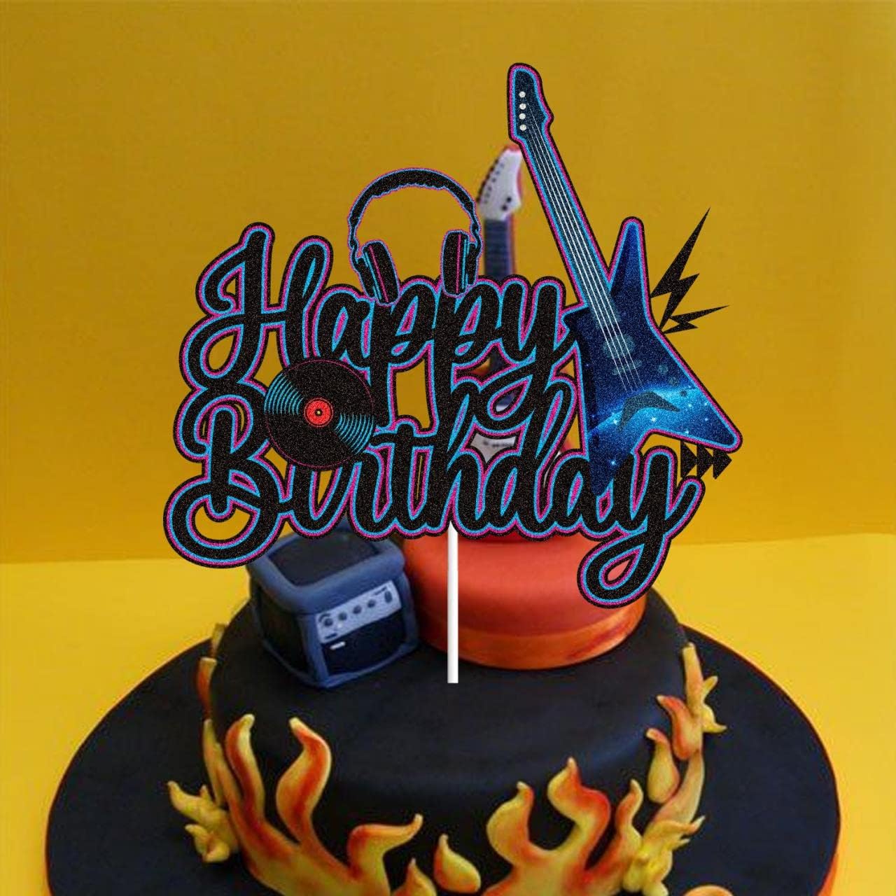 Skiennix Electric Guitar Cake Topper - Black & Purple Glitter Rock Music Theme Decor for Kids