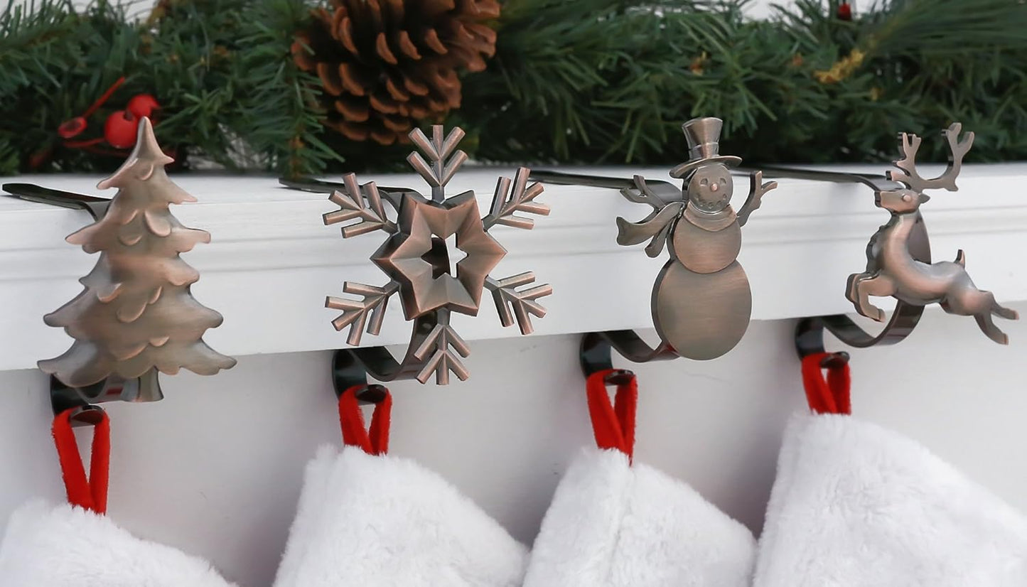 Gold MantleClip Stocking Holders Set - 4-Pack Removable ZINC Alloy Holiday Icons