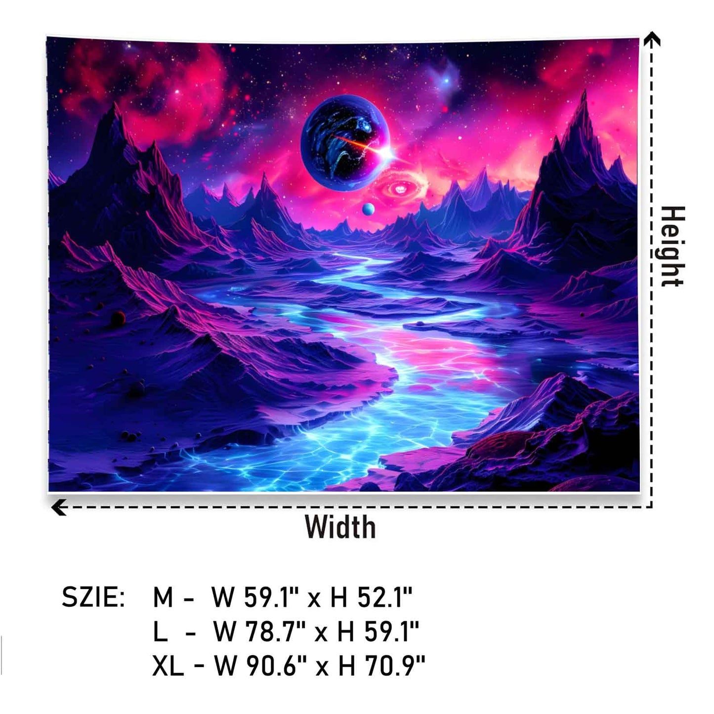 TUGCAY Blacklight Planet and Mountain River Tapestry Galaxy Space Tapestries UV Reactive Fantasy Nature Landscape Tapestry Wall Hanging for Room Home Decor(70.9"x90.6")