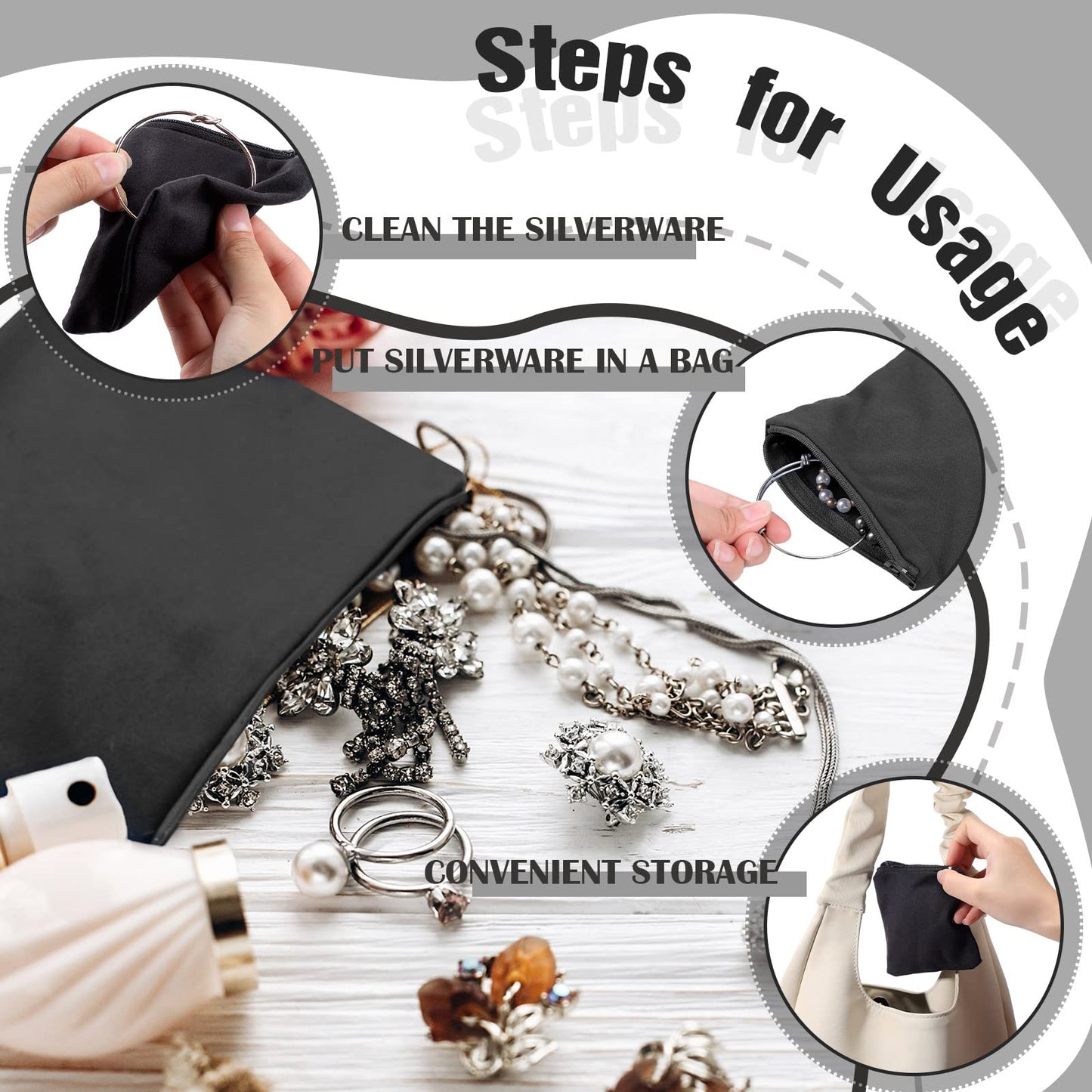 Geosar 24 Pcs Silver Storage Bags Anti Tarnish Jewelry Storage Bags Zippered Keeper for Silverware Jewelry(4 x 4 Inch,Black)