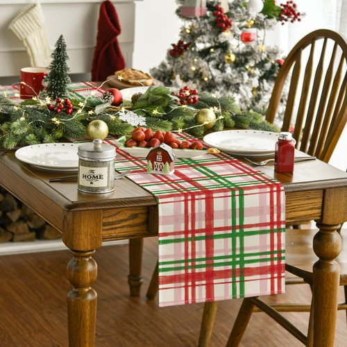 Artoid Mode Red Green Buffalo Plaid Table Runner, Seasonal Fall Christmas Kitchen Dining Table Decoration for Outdoor Home Party 13x72 Inch