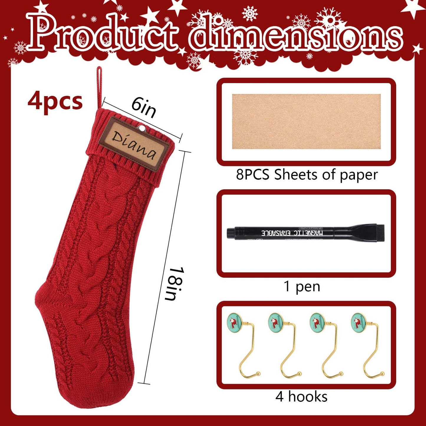 18” Personalized Christmas Stocking with Names, Custom Christmas Stockings Set of 4 with Leather Patches, Large Knitted Christmas Stockings for Kids with Pen & 4pcs Christmas Stocking Holders - 4pcs