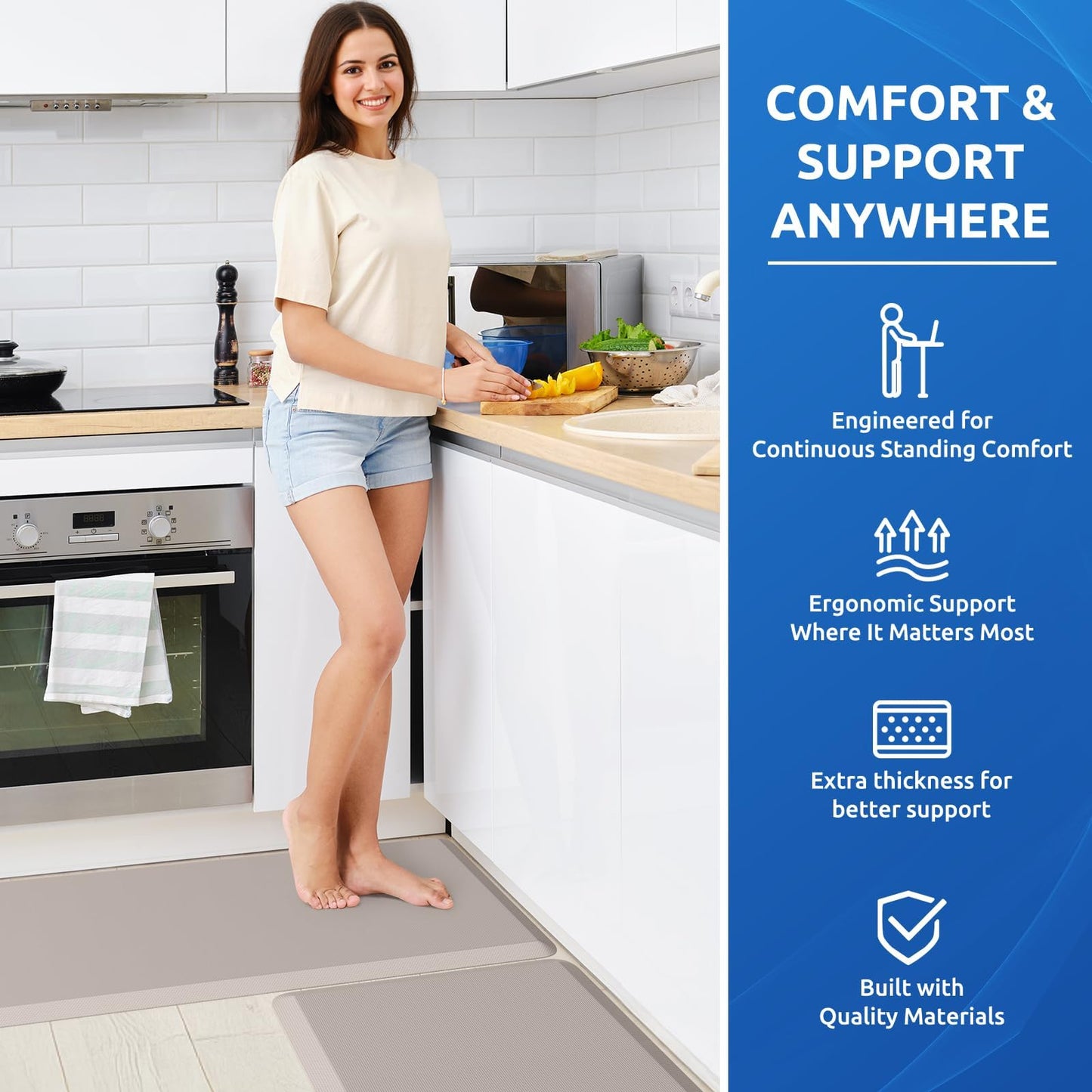 KitchenClouds 2PCS Kitchen Rugs Cushioned Anti-Fatigue Non-Slip Water Resistant Kitchen Mat Comfort Foam Standing Mat for Floor Office Sink Laundry (Khaki)