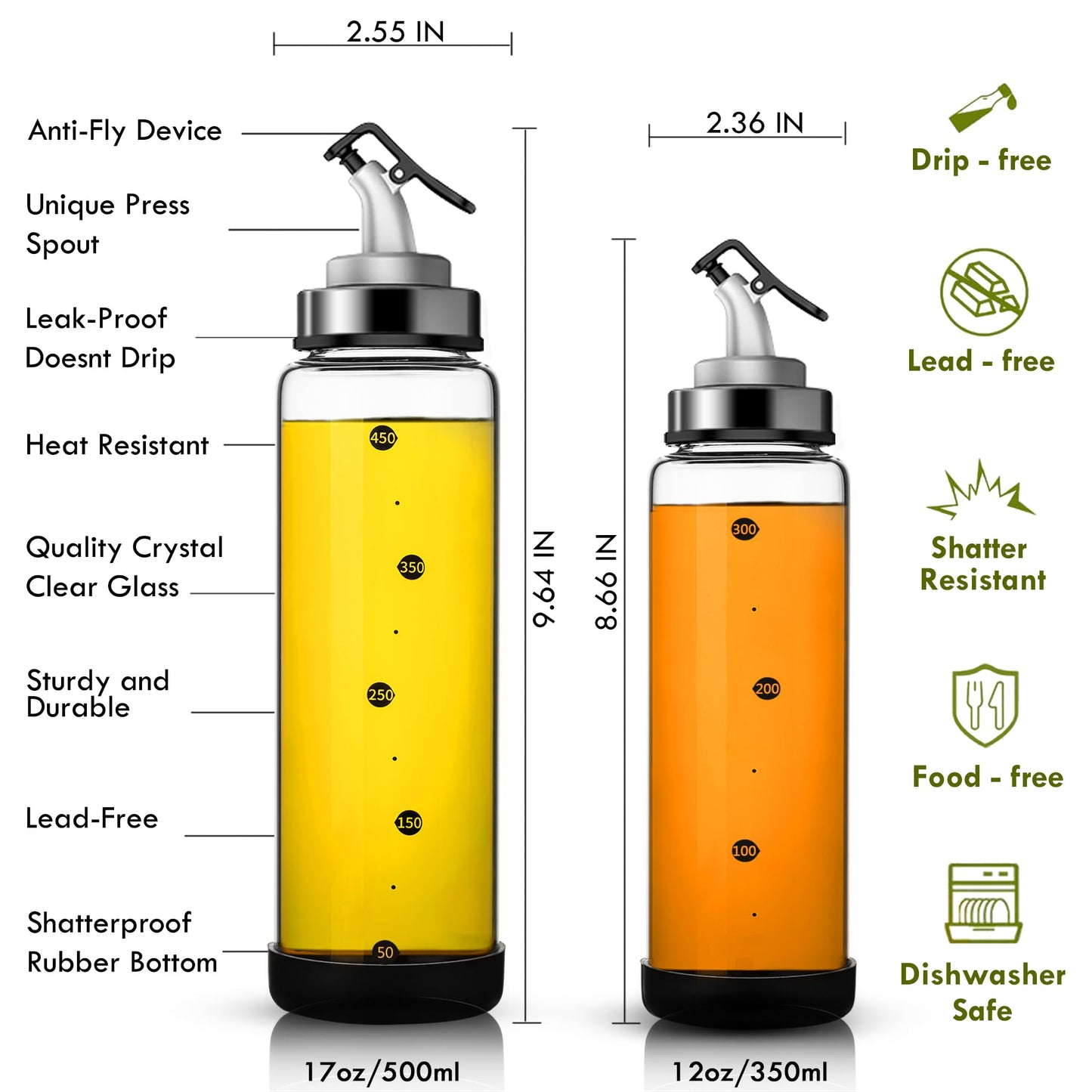 BENEBYR Glass Olive Oil Dispenser Bottle with Leakproof Pourer Spout and Shatterproof Rubber Bottom, Cooking Oil Dispenser Bottle for Kitchen 17 oz Heat Resistant Olive Oil Bottle for Oil & Vinegar