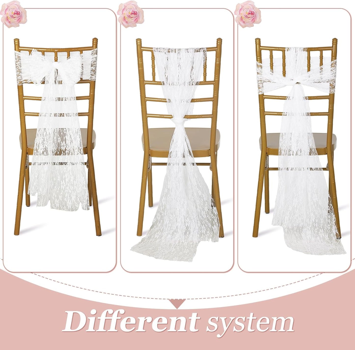 VitalCozy Vintage Chair Sashes - 50 Pcs Embroidered Boho Bows for Weddings & Events | 7 x 108 Inches, White