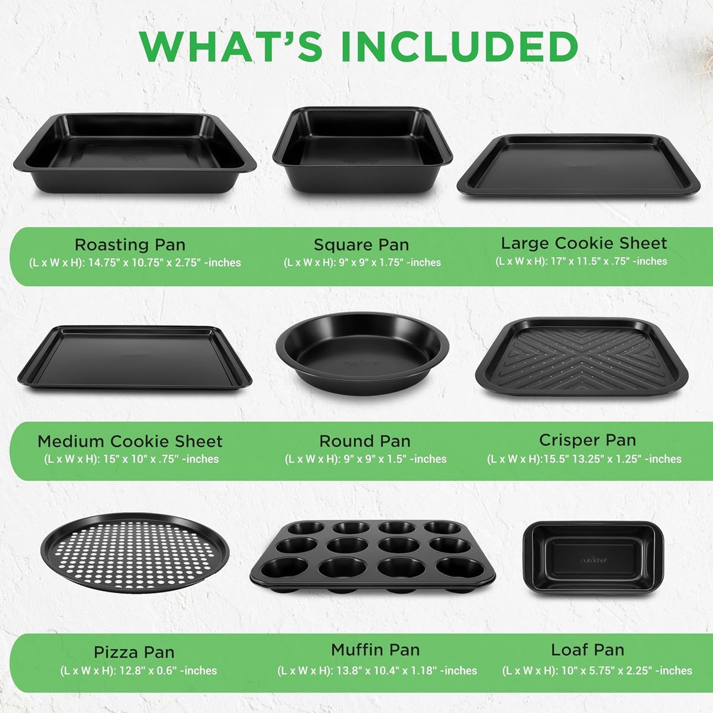 NutriChef 10-Piece Non-Stick Baking Set – Heavy-Duty Carbon Steel Bakeware Set w/ Cookie Sheets, Muffin Pan, Roasting Pan, Cake Pan, Baking Tray, Pizza Pan – Effortless Food Release & Easy Cleanup