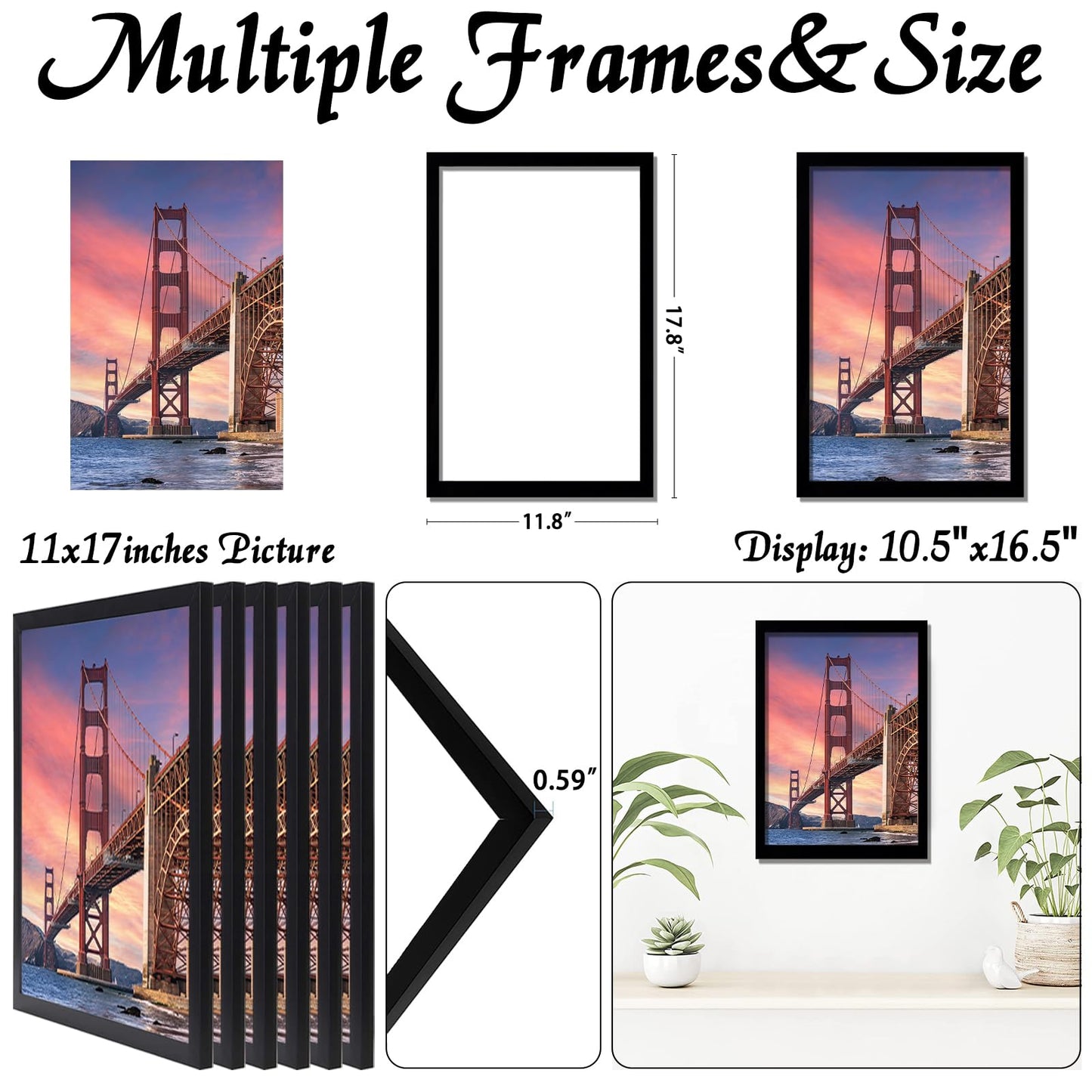 ijuerybai 6 Sets 11x17 Picture Frame, Frames for 11 x 17 Canvas Collage Photo Poster Certificate Wall Gallery, High Transparent Horizontal Vertical Black 11 by 17 Inches