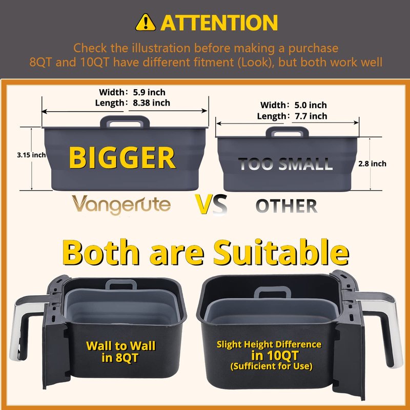 Vangerute Collapsible 2-Pack Air Fryer Silicone Liners for 8QT & 10QT NINJA Foodi Dual, Reusable Rectangular Silicone Basket Pot for Air Fryer Accessories (Gray)