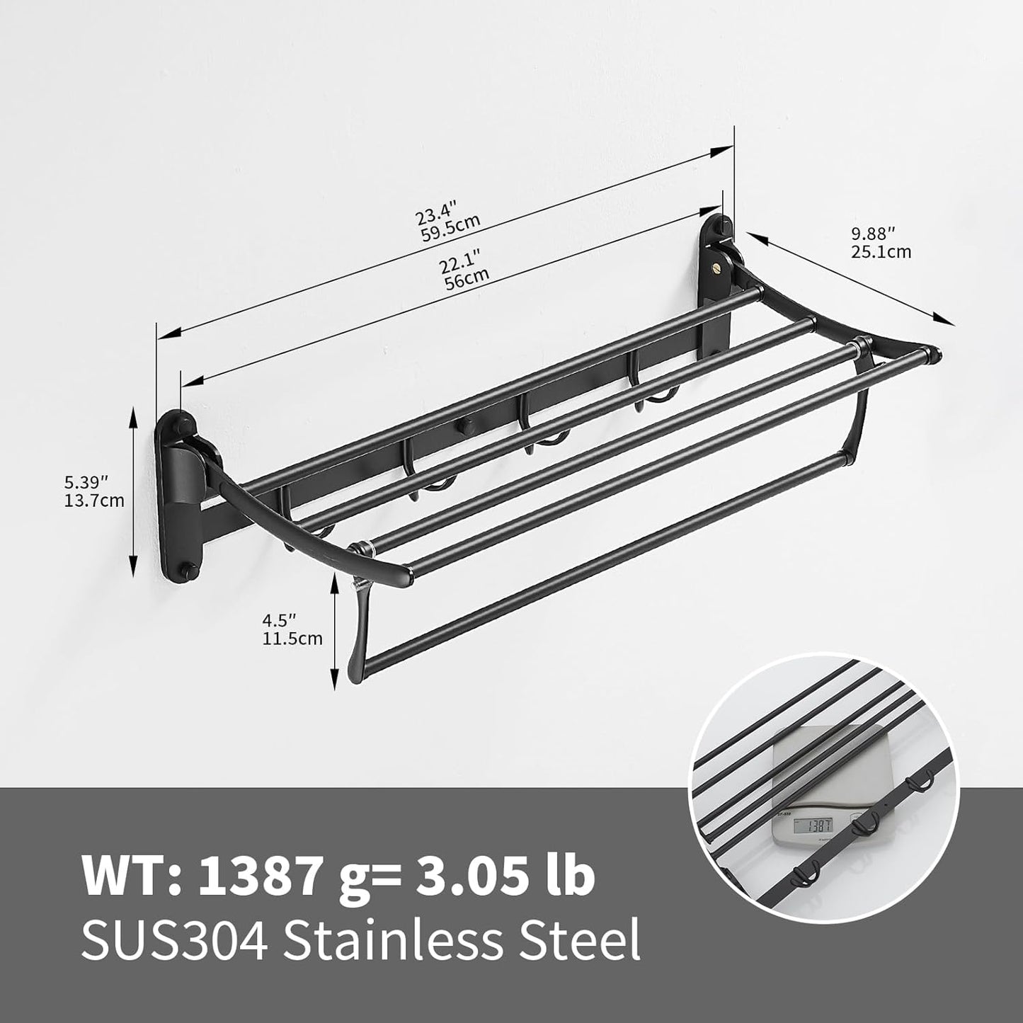 BESy 24 Inch Brushed Nickel Towel Racks, Bathroom Towel Shelf with Foldable Towel Bar Holder and Towel Hooks, Wall Mounted Multifunctional Bathroom Accessories, Double Towel Bars