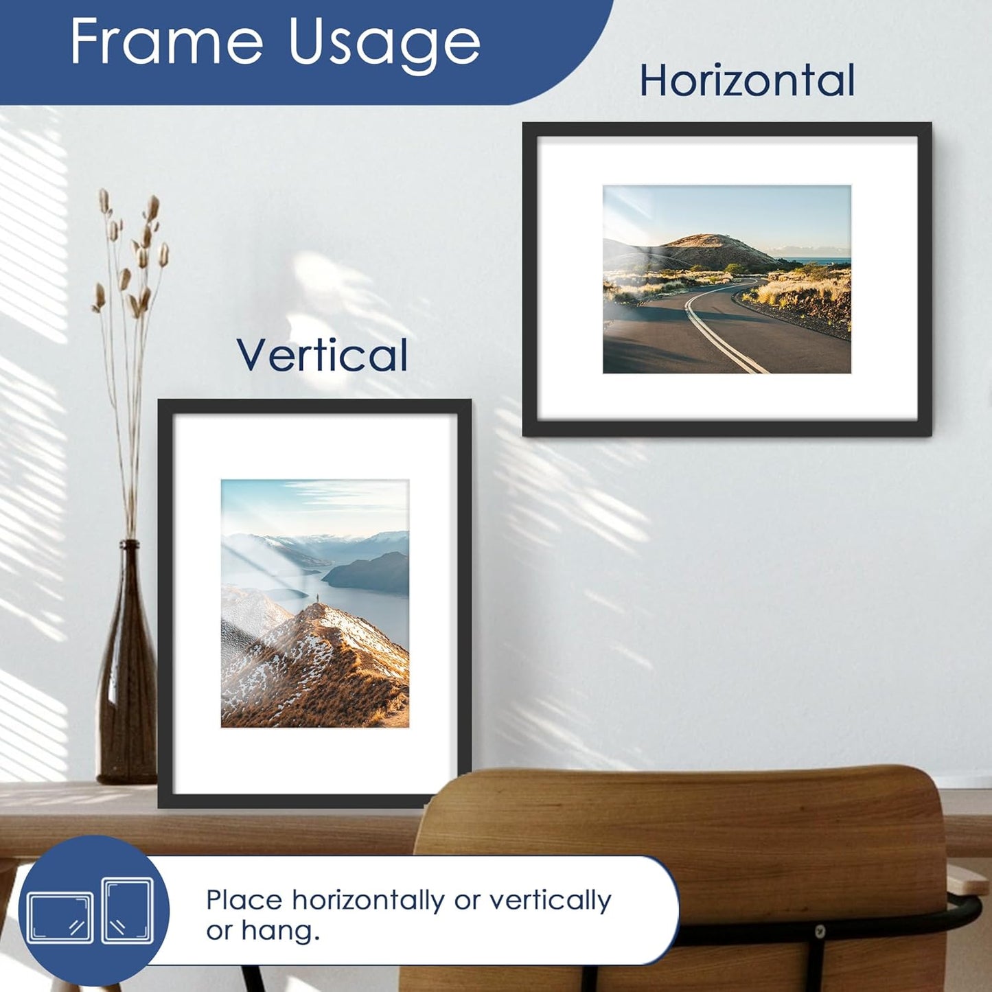 PEALSN 12x16 Picture Frame Set of 6 - Versatile Wall Mounting for 8.5x11 or 12x16 Photos - Black