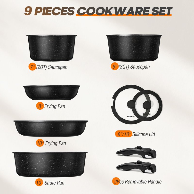UMETRE pots and Pans Set, Nonstick Cookware Set Detachable Handle, Induction Kitchen Cookware Sets with Removable Handle, Non Stick RV Cookware Set, Dishwasher & Oven Safe (9 PCS)