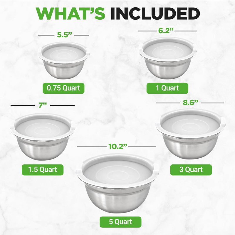 NutriChef 10 Piece Stainless Steel Mixing Bowls with Lids Set, Dishwasher Safe, 5 Stackable Nesting Bowls and 5 BPA-Free Lids for Kitchen, Cooking, Food Storage, Meal Prepping, Mixing & Serving