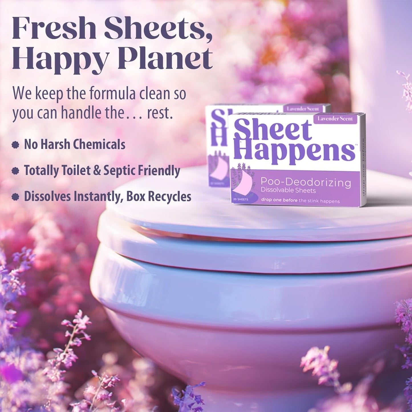 Sheet Happens Pre-Poo Toilet Sheets - Lavender Field Scent | 40 Dissolvable Odor-Stopping Sheets, Septic Safe Travel Essential
