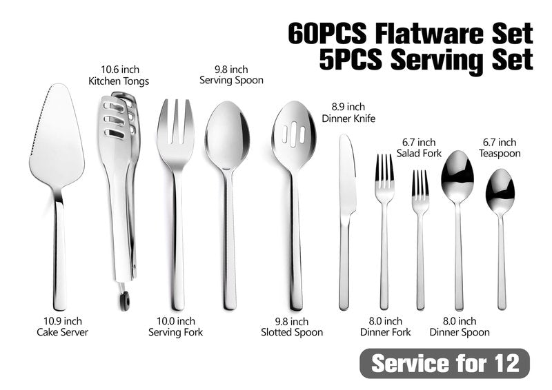 KINGSTONE Silverware Set With Serving Utensils, 65 Piece Flatware for 12, 18/10 Cutlery With 5 Piece Serving Utensil Set - Modern and Original Design, Dishwasher Safe