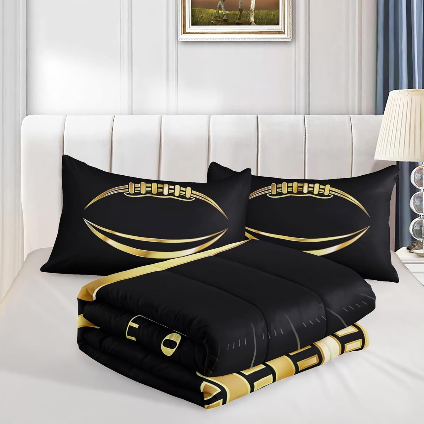 Football Comforter Sets,6 PCS Football Bedding Set,Kids Comforter Sets for Boys,Twin Black and Gold Bed Sets for Boys,Bed in A Bag with Sheets