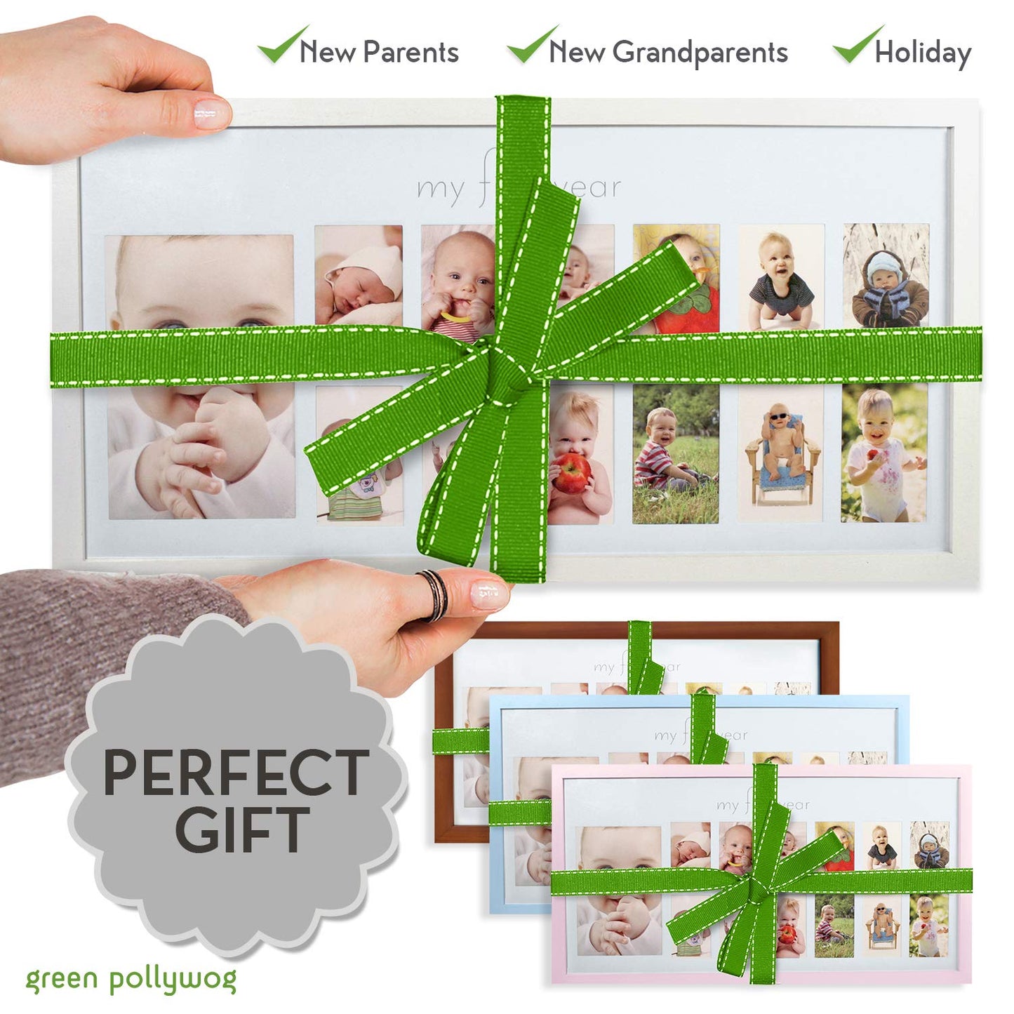 Green Pollywog | Baby's First Year Frame | Collage Frame For Baby In White | 12 Month Picture Frame | Milestone Photos | First Year Picture Mat | My First Year Photographs