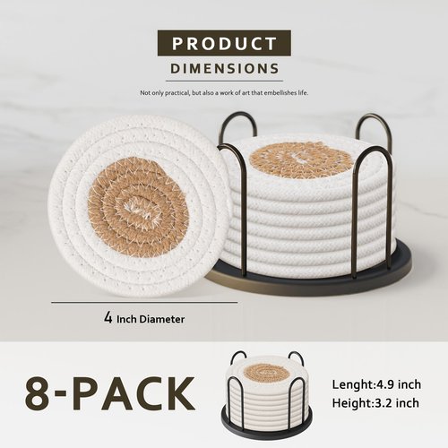 Coasters Set of 8 for Drinks, Beer, Coffee, Cotton Woven Absorbent Coaster with Holder, Boho Coasters for Home Decor Tabletop Protection Suitable for Kinds of Cups, White & Coffee