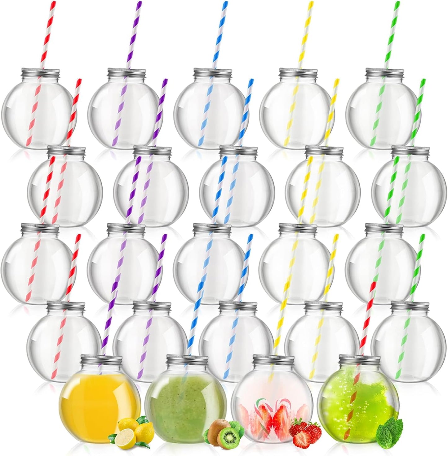 Yaomiao 24 Pcs 10 oz Mini Plastic Fish Bowl Ornament Cups for Drinks Clear Spherical Potion Bottles with Lids and Straws Bulb Cups for Christmas Carnival Candy Party Decorations (Red)