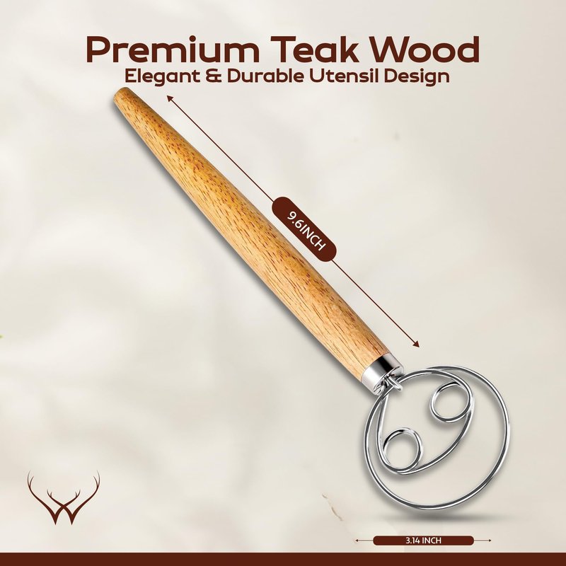 WOODLANDS USA Danish Dough Whisk for sourdough 13 Inch - 304 Stainless Steel Hook with Long Wooden Handle – Essential bread whisk, artisan mixing & bread making