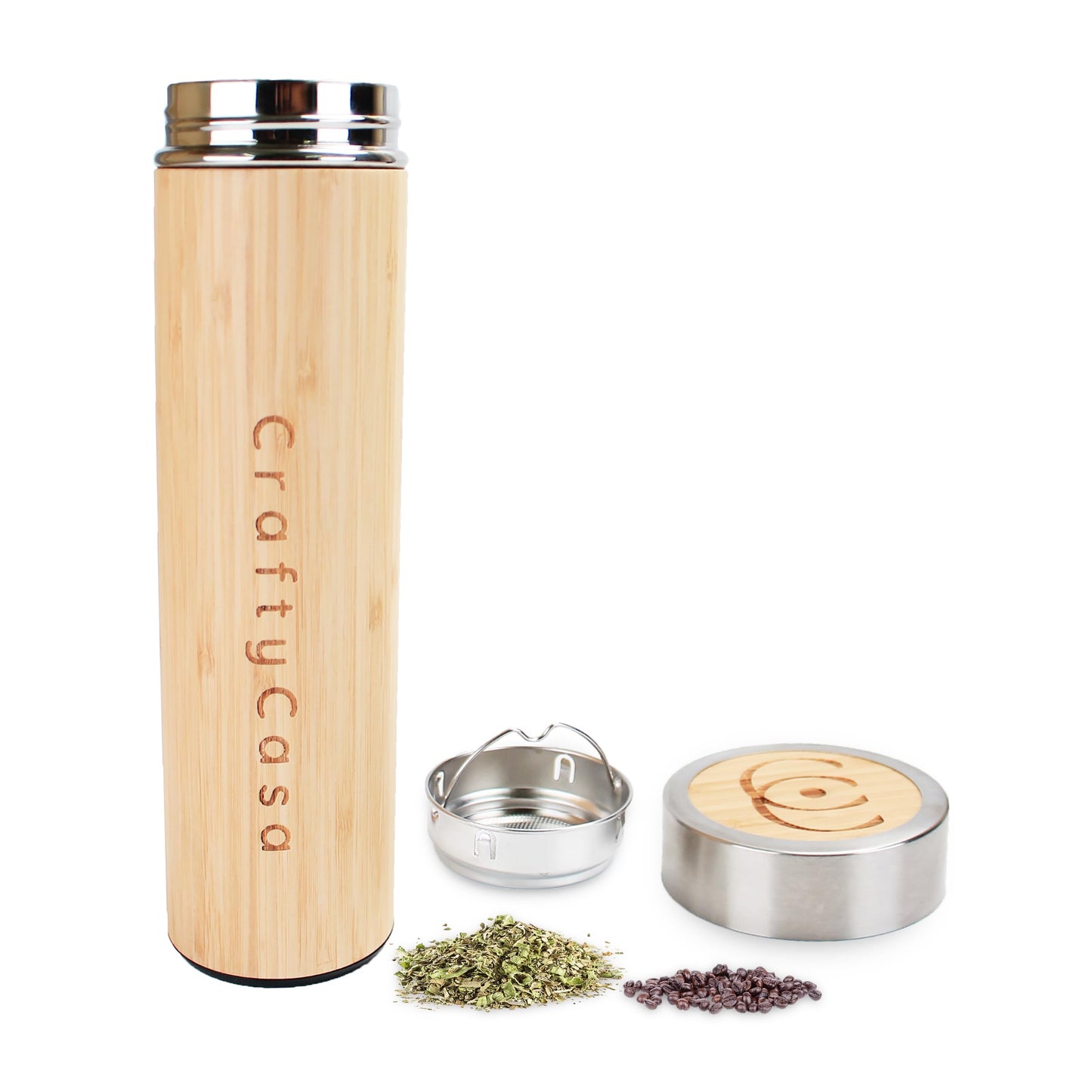CRAFTYCASA Premium Bamboo Thermos with Tea Infuser 500ml/17oz capacity - Vacuum Insulated 304 Stainless Steel Travel Tea Tumbler Infuser Bottle for Leaf Tea & Coffee - Hot & Cold for 12 Hrs