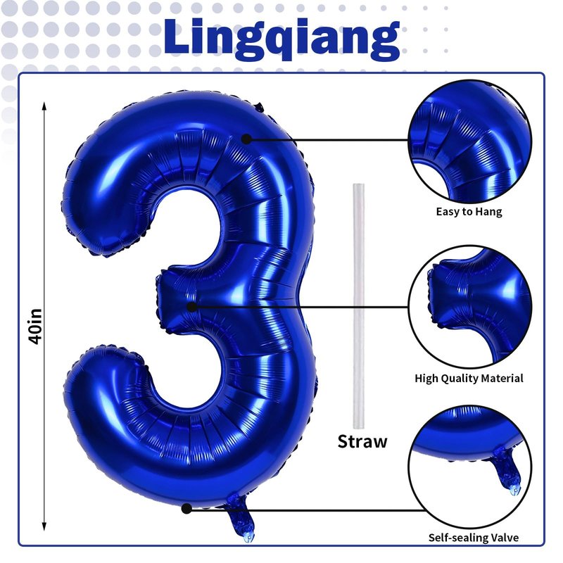 Navy Blue Number 3 Balloon, 40In Large Dark Blue Foil Number Balloons Set 0-9 for Women, Self Inflating Royal Blue Digital 3 Helium Balloon for Boys 3rd Birthday Party Decorations Supplies