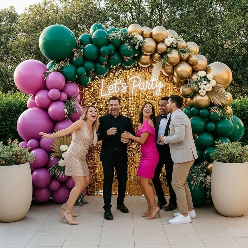 Purple Green and Champagne Gold Balloon Arch Kit – Double Stuffed Plum, Emerald, Hunter Green, and Metallic Champagne Balloons for Mardi Gras, Wedding, Birthday, Fall Party, Baby Shower