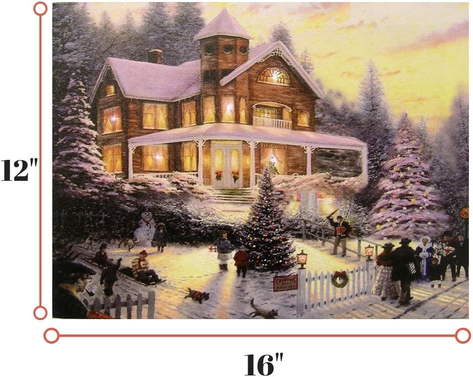 Christmas LED Wall Art - Lighted Canvas Print of Victorian House in Snow - 16x12